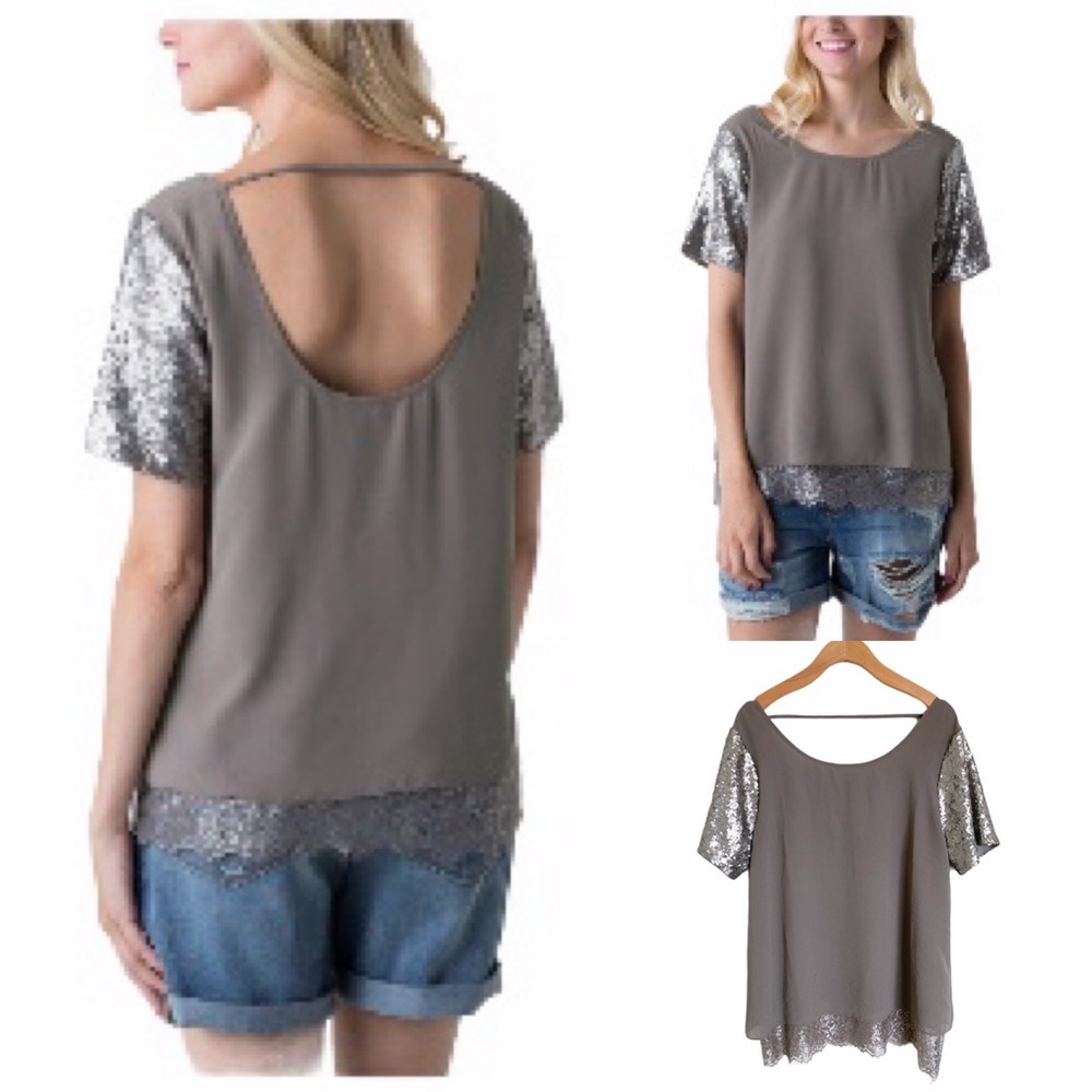 BKE BOUTIQUE Grey “Sequin Top” Blouse